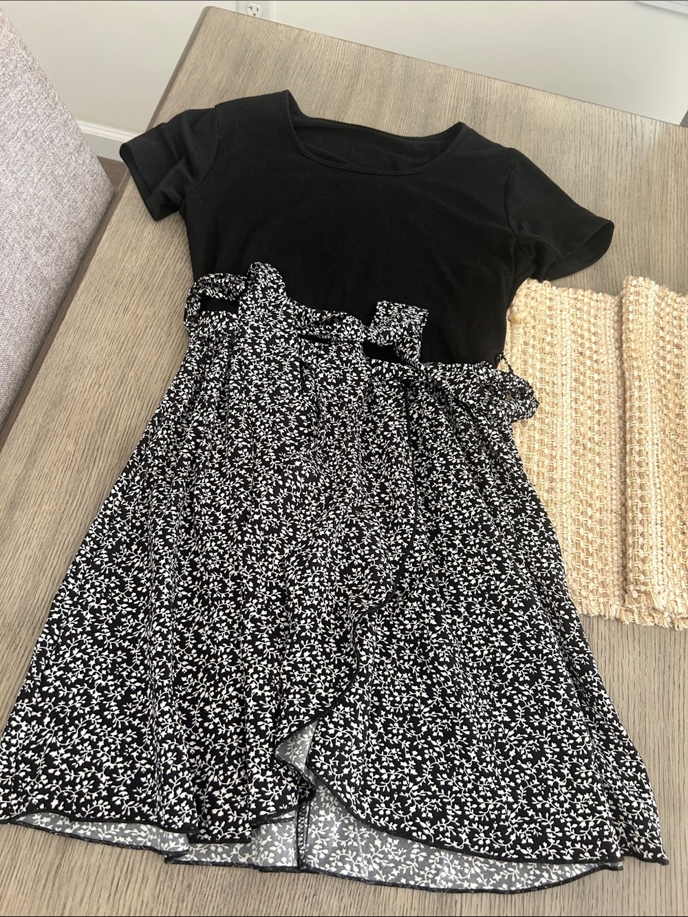 Black Top with Black & White Floral Skirt Dress